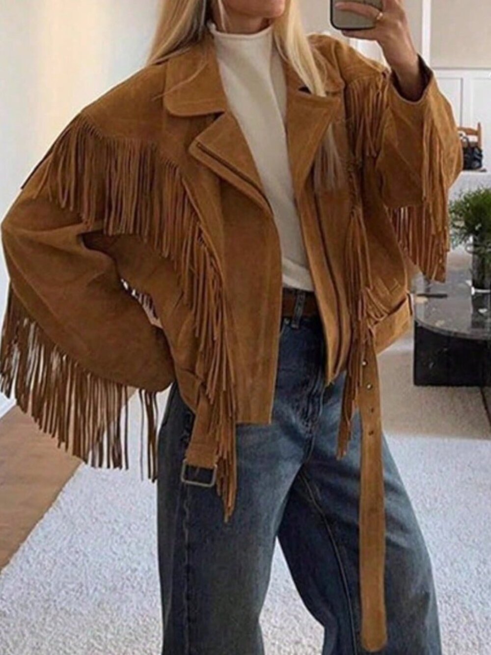Khaki Casual Women's Faux Suede Fringe Lapel Moto Jacket - Picture 3 of 4